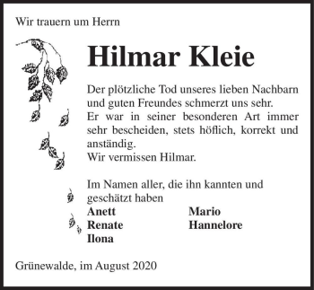 Traueranzeige von Hilmar Kleie  von Magdeburger Volksstimme