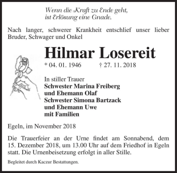 Traueranzeige von Hilmar Losereit  von Magdeburger Volksstimme