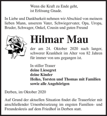 Traueranzeige von Hilmar Mau  von Magdeburger Volksstimme