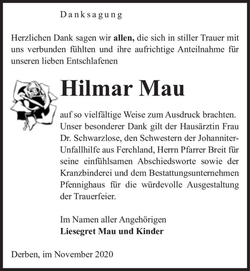  Traueranzeige für Hilmar Mau  vom 21.11.2020 aus Magdeburger Volksstimme