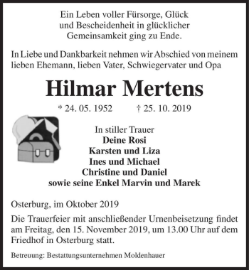 Traueranzeige von Hilmar Mertens  von Magdeburger Volksstimme