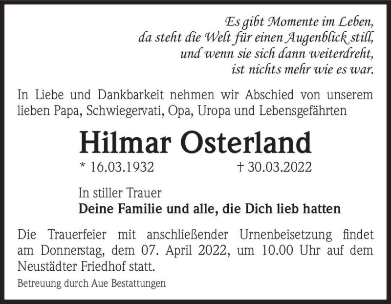  Traueranzeige für Hilmar Osterland  vom 02.04.2022 aus Magdeburger Volksstimme