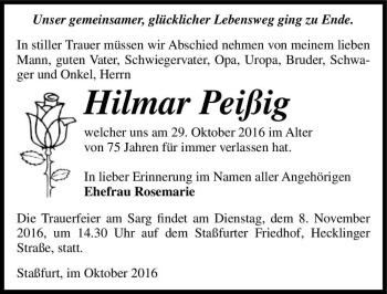 Traueranzeige von Hilmar Peißig  von Magdeburger Volksstimme