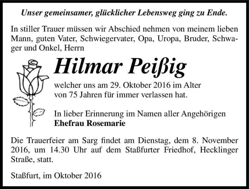  Traueranzeige für Hilmar Peißig  vom 02.11.2016 aus Magdeburger Volksstimme