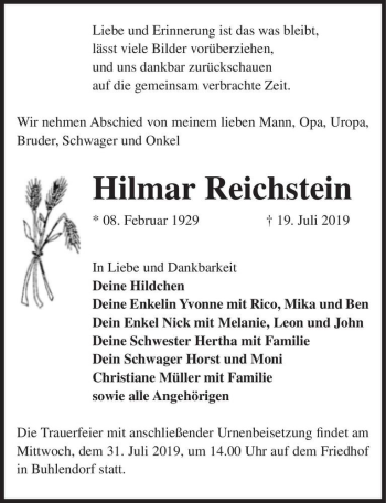 Traueranzeige von Hilmar Reichstein  von Magdeburger Volksstimme