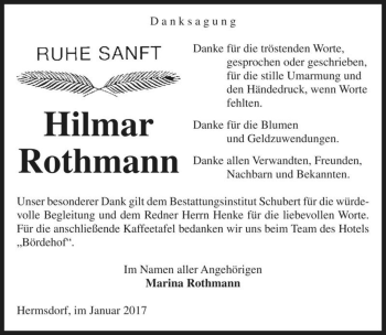 Traueranzeige von Hilmar Rothmann  von Magdeburger Volksstimme