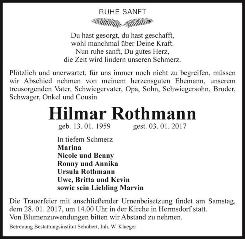  Traueranzeige für Hilmar Rothmann  vom 21.01.2017 aus Magdeburger Volksstimme