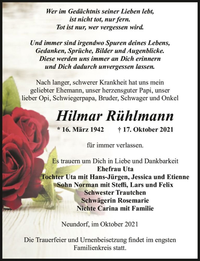  Traueranzeige für Hilmar Rühlmann  vom 23.10.2021 aus Magdeburger Volksstimme