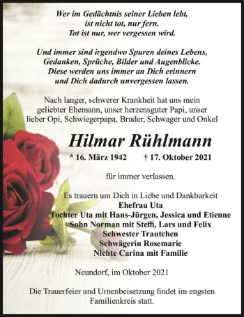 Traueranzeige von Hilmar Rühlmann  von Magdeburger Volksstimme