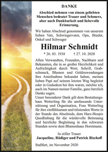Traueranzeige von Hilmar Schmidt  von Magdeburger Volksstimme
