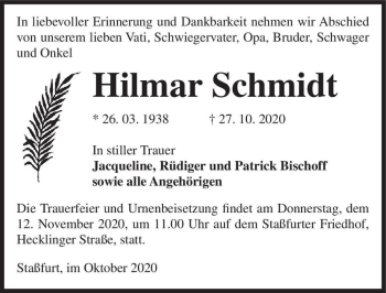 Traueranzeige von Hilmar Schmidt  von Magdeburger Volksstimme