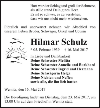 Traueranzeige von Hilmar Schulz  von Magdeburger Volksstimme