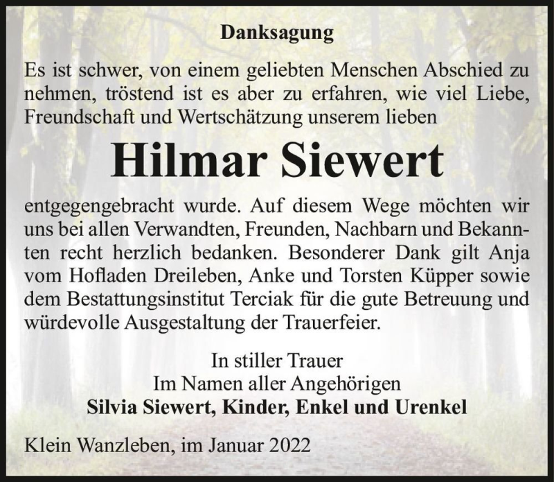  Traueranzeige für Hilmar Siewert  vom 19.02.2022 aus Magdeburger Volksstimme