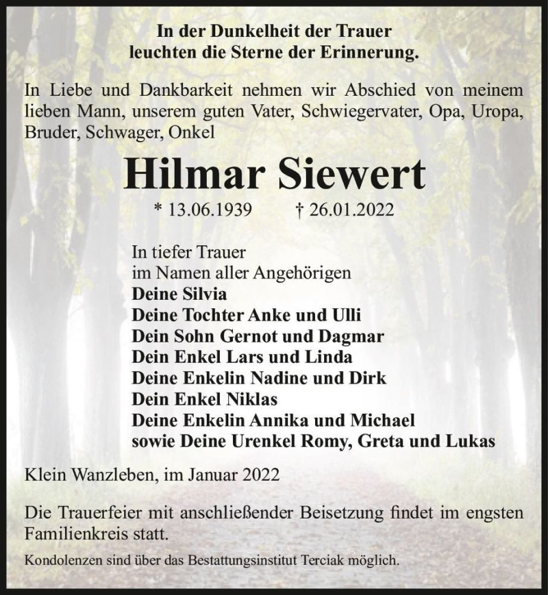  Traueranzeige für Hilmar Siewert  vom 29.01.2022 aus Magdeburger Volksstimme