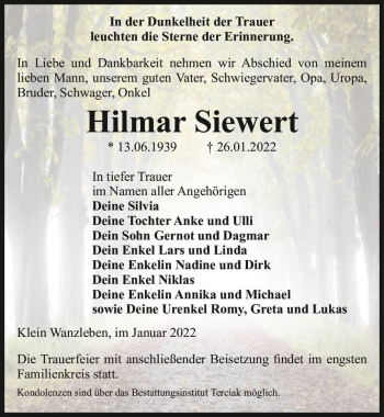 Traueranzeige von Hilmar Siewert  von Magdeburger Volksstimme