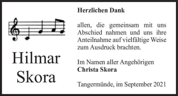 Traueranzeige von Hilmar Skora  von Magdeburger Volksstimme