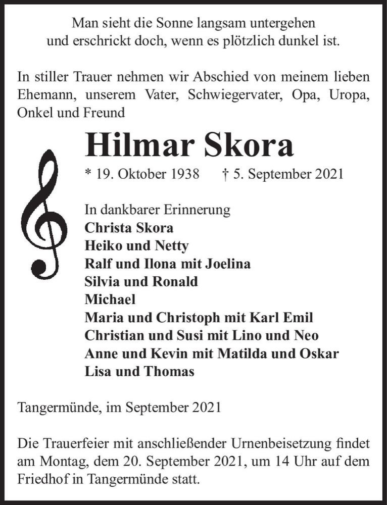  Traueranzeige für Hilmar Skora  vom 11.09.2021 aus Magdeburger Volksstimme
