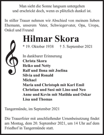 Traueranzeige von Hilmar Skora  von Magdeburger Volksstimme