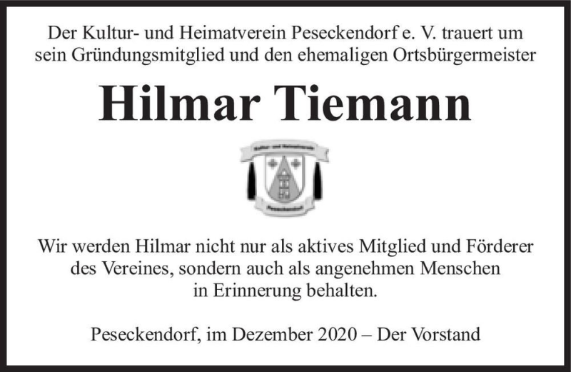  Traueranzeige für Hilmar Tiemann  vom 16.12.2020 aus Magdeburger Volksstimme