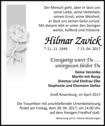 Traueranzeige von Hilmar Zwick  von Magdeburger Volksstimme