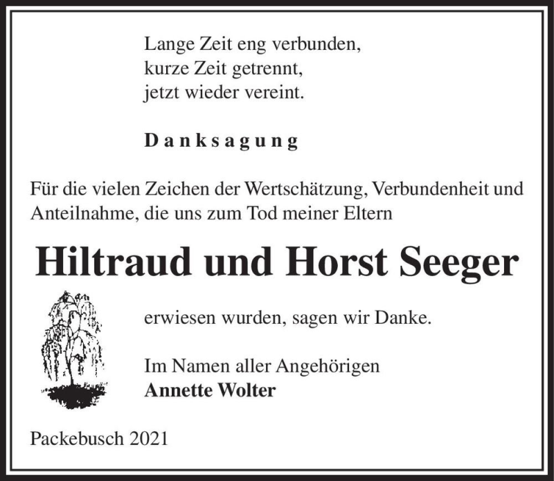  Traueranzeige für Hiltraud & Horst Seeger  vom 05.08.2021 aus Magdeburger Volksstimme