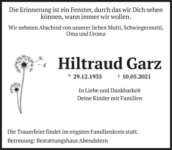 Traueranzeige von Hiltraud Garz  von Magdeburger Volksstimme