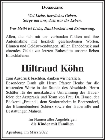 Traueranzeige von Hiltraud Köhn  von Magdeburger Volksstimme