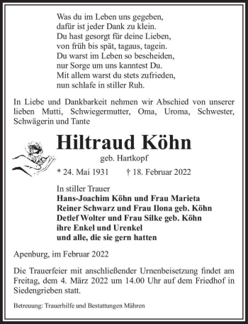 Traueranzeige von Hiltraud Köhn (geb. Hartkopf)  von Magdeburger Volksstimme