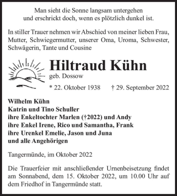 Traueranzeige von Hiltraud Kühn (geb. Dossow)  von Magdeburger Volksstimme
