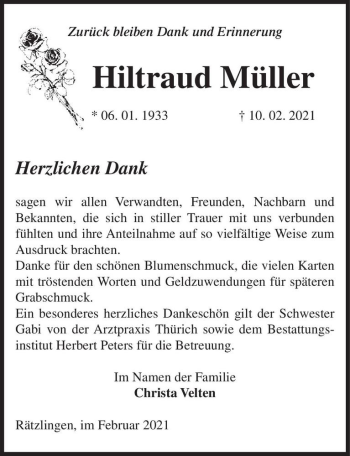 Traueranzeige von Hiltraud Müller  von Magdeburger Volksstimme