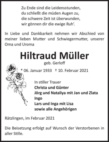 Traueranzeige von Hiltraud Müller (geb. Gerloff)  von Magdeburger Volksstimme