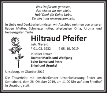 Traueranzeige von Hiltraud Pfeifer (geb. Nierenz)  von Magdeburger Volksstimme