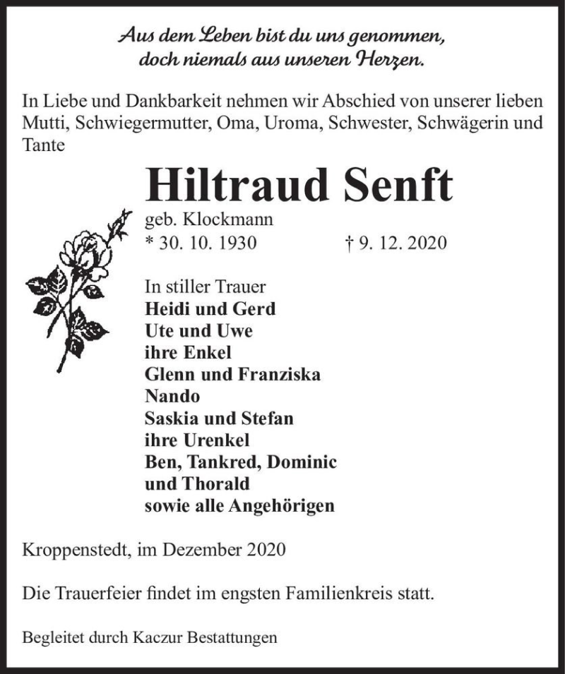  Traueranzeige für Hiltraud Senft (geb. Klockmann)  vom 12.12.2020 aus Magdeburger Volksstimme