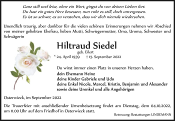 Traueranzeige von Hiltraud Siedel (geb. Eilert)  von Magdeburger Volksstimme
