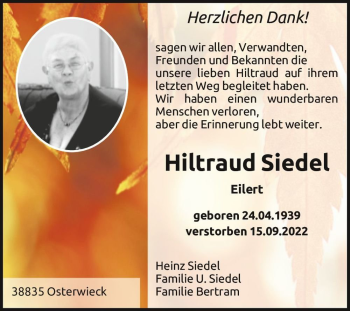 Traueranzeige von Hiltraud Siedel Eilert  von Magdeburger Volksstimme
