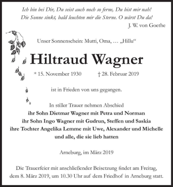 Traueranzeige von Hiltraud Wagner  von Magdeburger Volksstimme