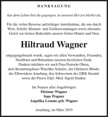 Traueranzeige von Hiltraud Wagner  von Magdeburger Volksstimme