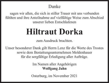 Traueranzeige von Hiltraut Dorka  von Magdeburger Volksstimme