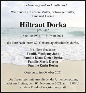 Traueranzeige von Hiltraut Dorka (geb. Jahn)  von Magdeburger Volksstimme