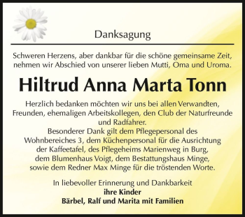 Traueranzeige von Hiltrud Anna Marta Tonn  von Magdeburger Volksstimme