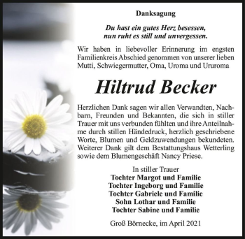 Traueranzeige von Hiltrud Becker  von Magdeburger Volksstimme
