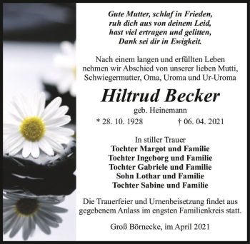 Traueranzeige von Hiltrud Becker (geb. Heinemann)  von Magdeburger Volksstimme