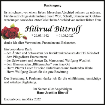 Traueranzeige von Hiltrud Bittroff  von Magdeburger Volksstimme
