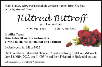 Traueranzeige von Hiltrud Bittroff (geb. Hummitzsch)  von Magdeburger Volksstimme