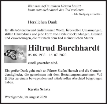 Traueranzeige von Hiltrud Burchhardt  von Magdeburger Volksstimme