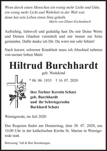 Traueranzeige von Hiltrud Burckhardt (geb. Wedekind)  von Magdeburger Volksstimme