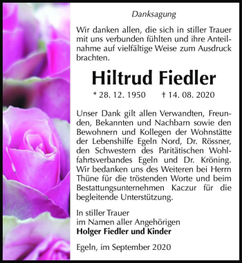 Traueranzeige von Hiltrud Fiedler  von Magdeburger Volksstimme