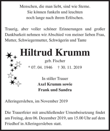 Traueranzeige von Hiltrud Krumm (geb. Fischer)  von Magdeburger Volksstimme