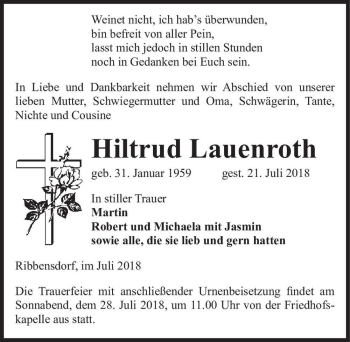 Traueranzeige von Hiltrud Lauenroth  von Magdeburger Volksstimme