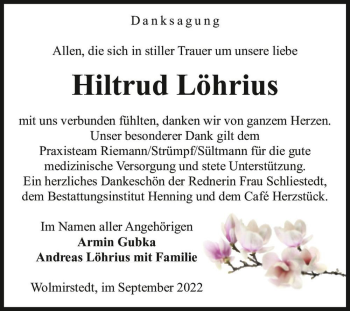 Traueranzeige von Hiltrud Löhrius  von Magdeburger Volksstimme